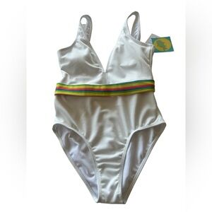 Kelly Cahill Women's one piece bathing suit. Size Med. White with belt.